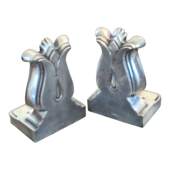 Harp Lyre Heavy Metal Art Deco Bookends Silver Toned Vintage PMC Made in USA - Picture 12 of 16